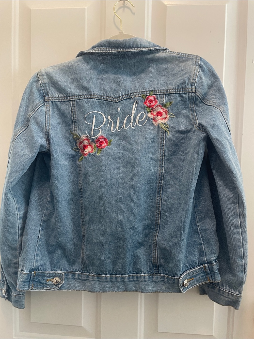 David's Bridal Light Blue Denim 'Bride' Jacket with Rose Embroidery Accents